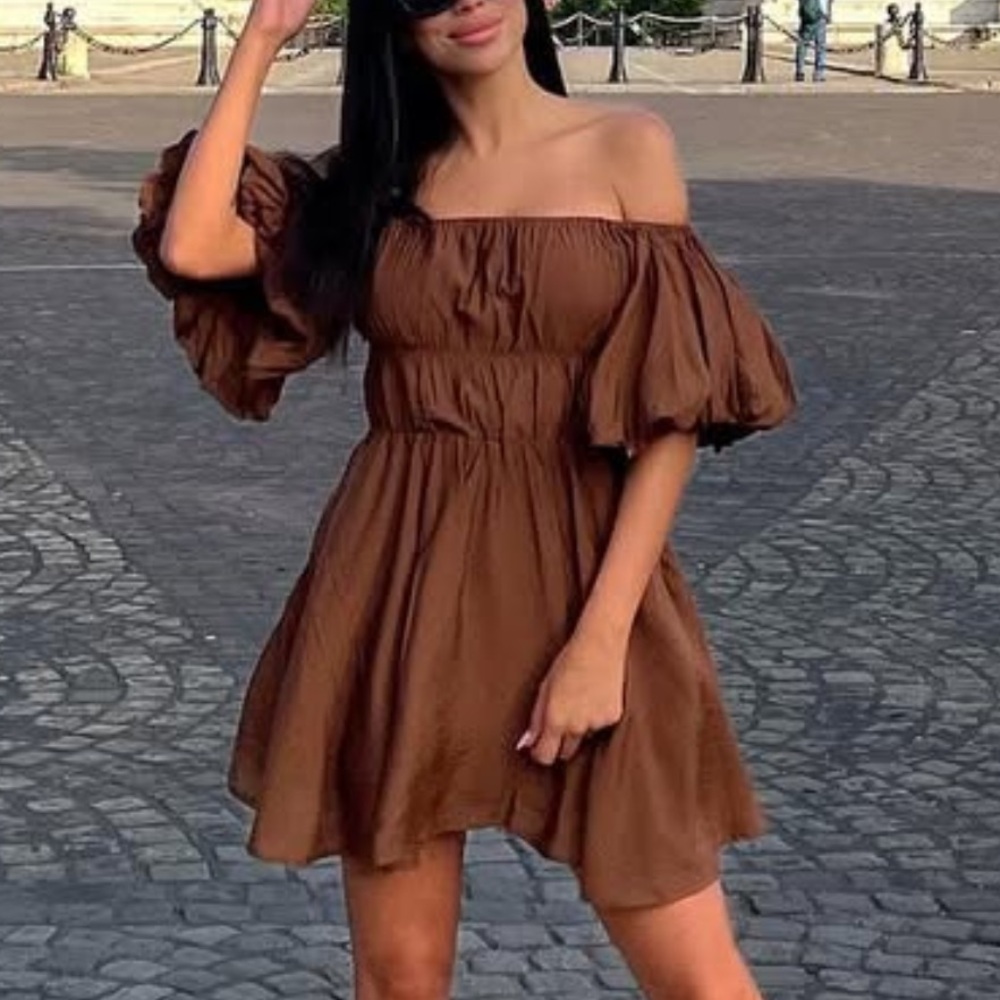 Off the shoulder brown mini dress